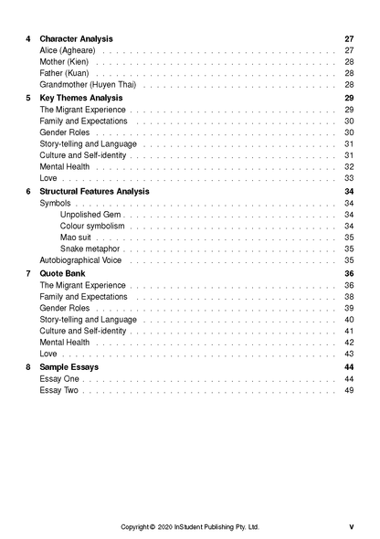 Text Guide for Unpolished Gem by InStudent Publishing, displaying a table of contents including Character Analysis, Key Themes, and Sample Essays.