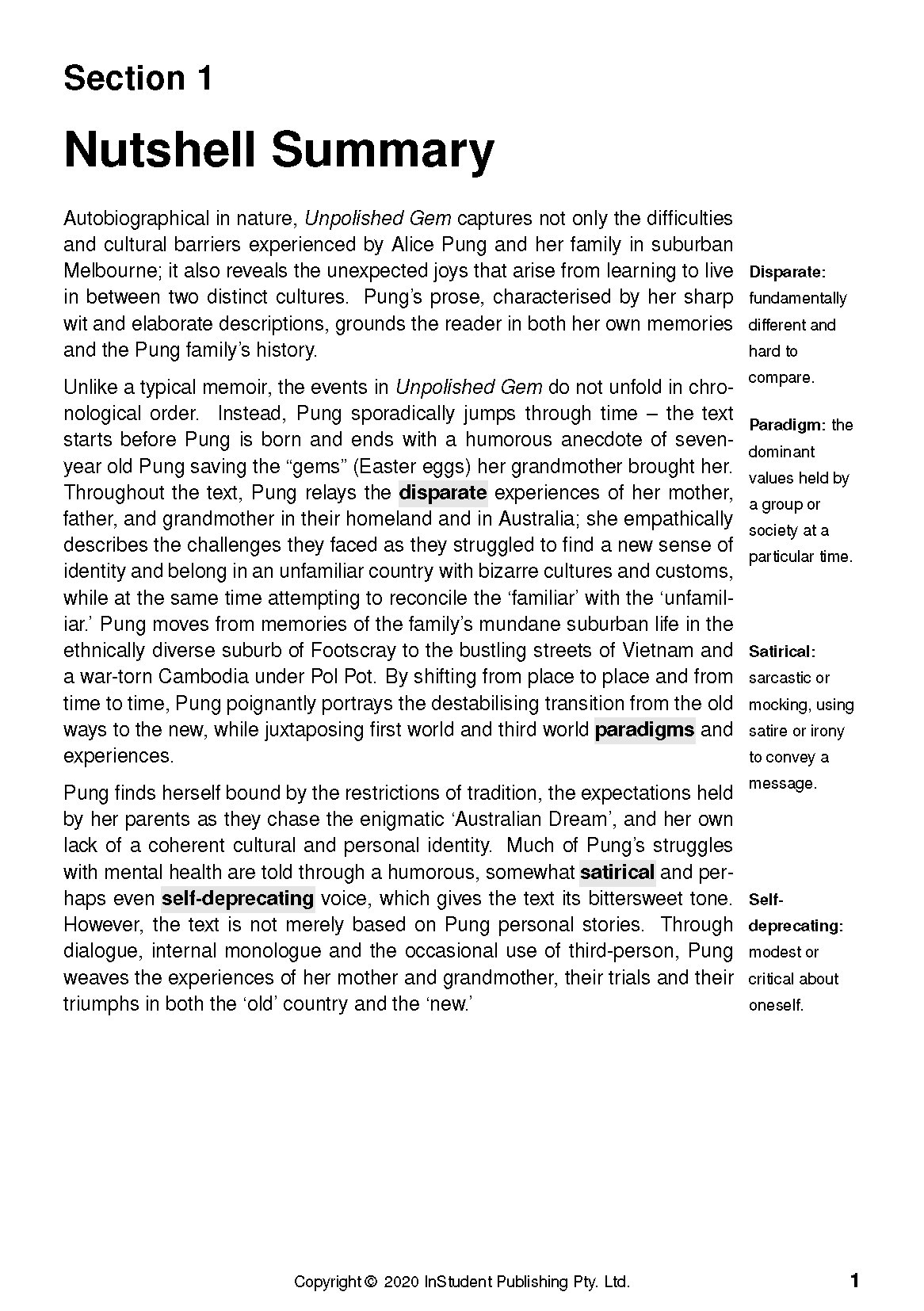 Text Guide for 'Unpolished Gem' by Alice Pung from InStudent Publishing, a cropped white page displaying a 'Nutshell Summary' section with main text and marginal definitions.