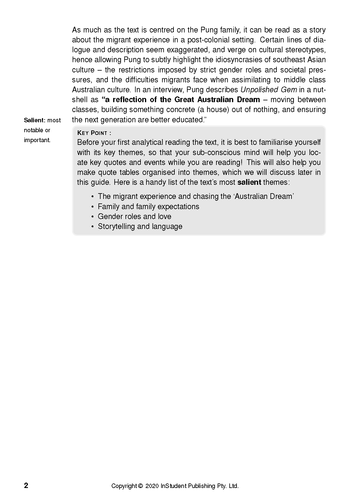 Text guide page by InStudent Publishing Pty. Ltd. displaying analysis of 'Unpolished Gem' by Alice Pung, with headings and a list of themes.