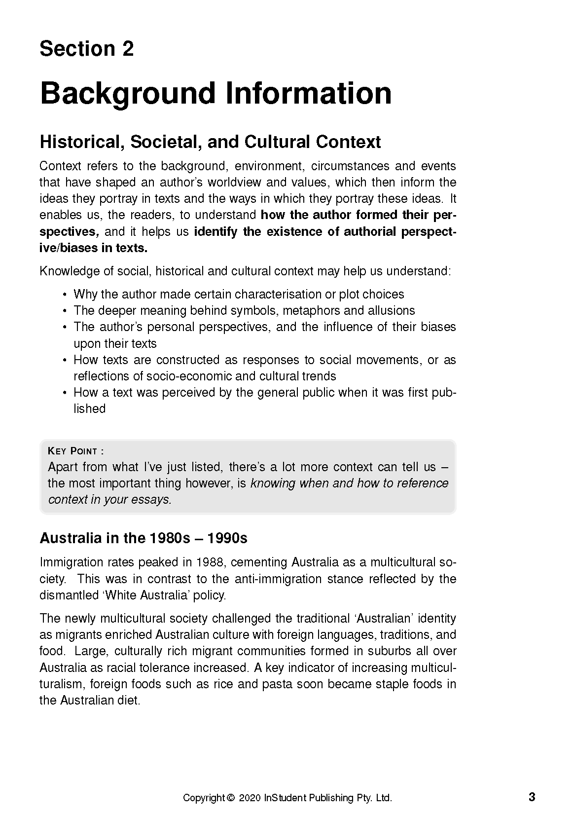 Text Guide showing "Section 2 Background Information" on historical, societal, and cultural context with a key point box.
