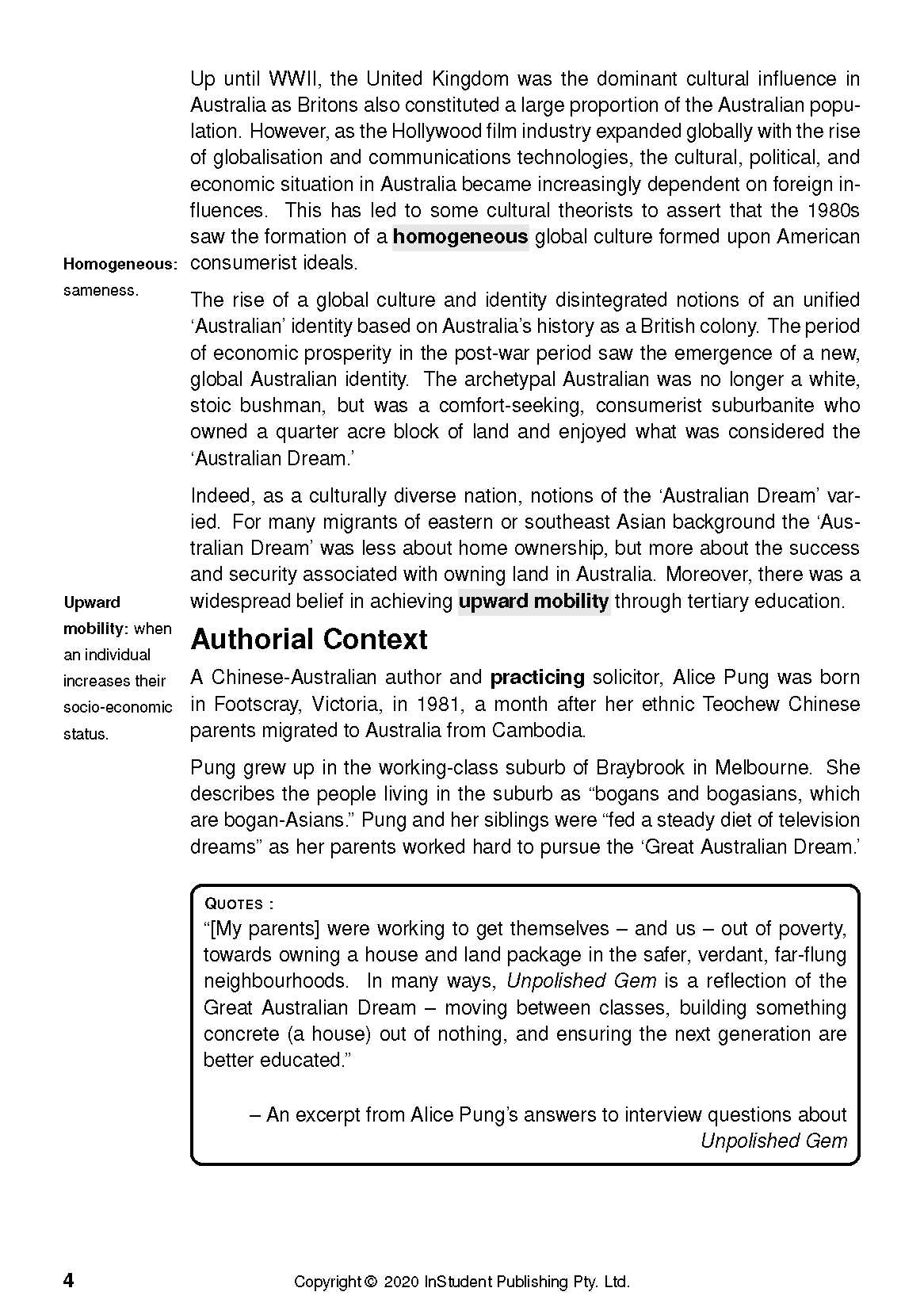 Educational text guide page displaying content sections, definitions, authorial context, and quotes.