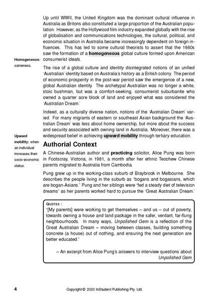 Educational text guide page displaying content sections, definitions, authorial context, and quotes.