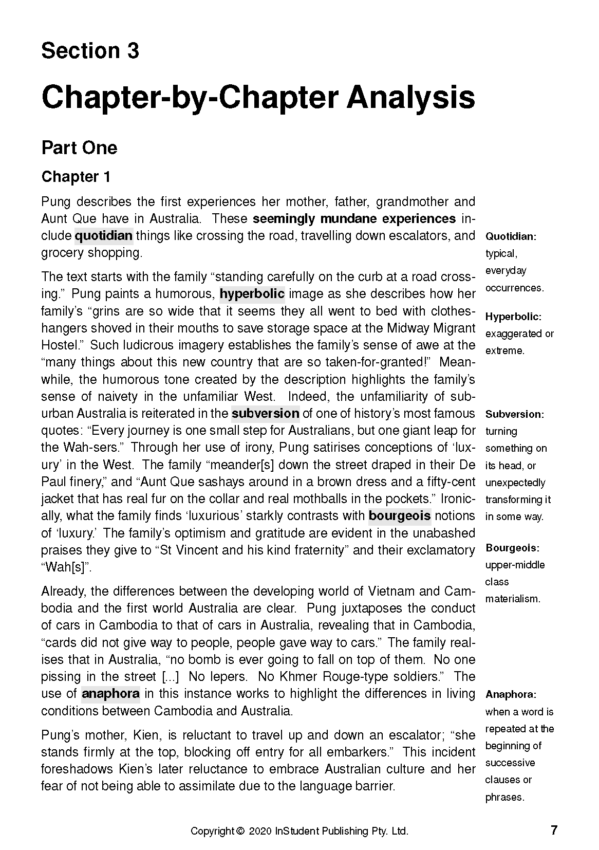 Text Guide page about Unpolished Gem by Alice Pung, displaying chapter analysis and glossary definitions.