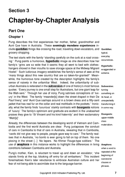 Text Guide page about Unpolished Gem by Alice Pung, displaying chapter analysis and glossary definitions.