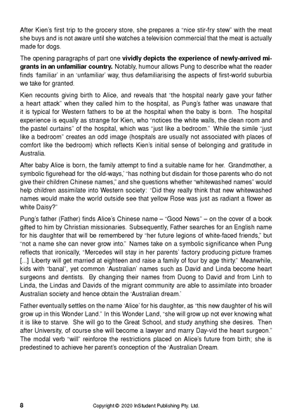 Text guide for Unpolished Gem by Alice Pung from InStudent Publishing Pty. Ltd., displaying a white page with black text and page number 8.