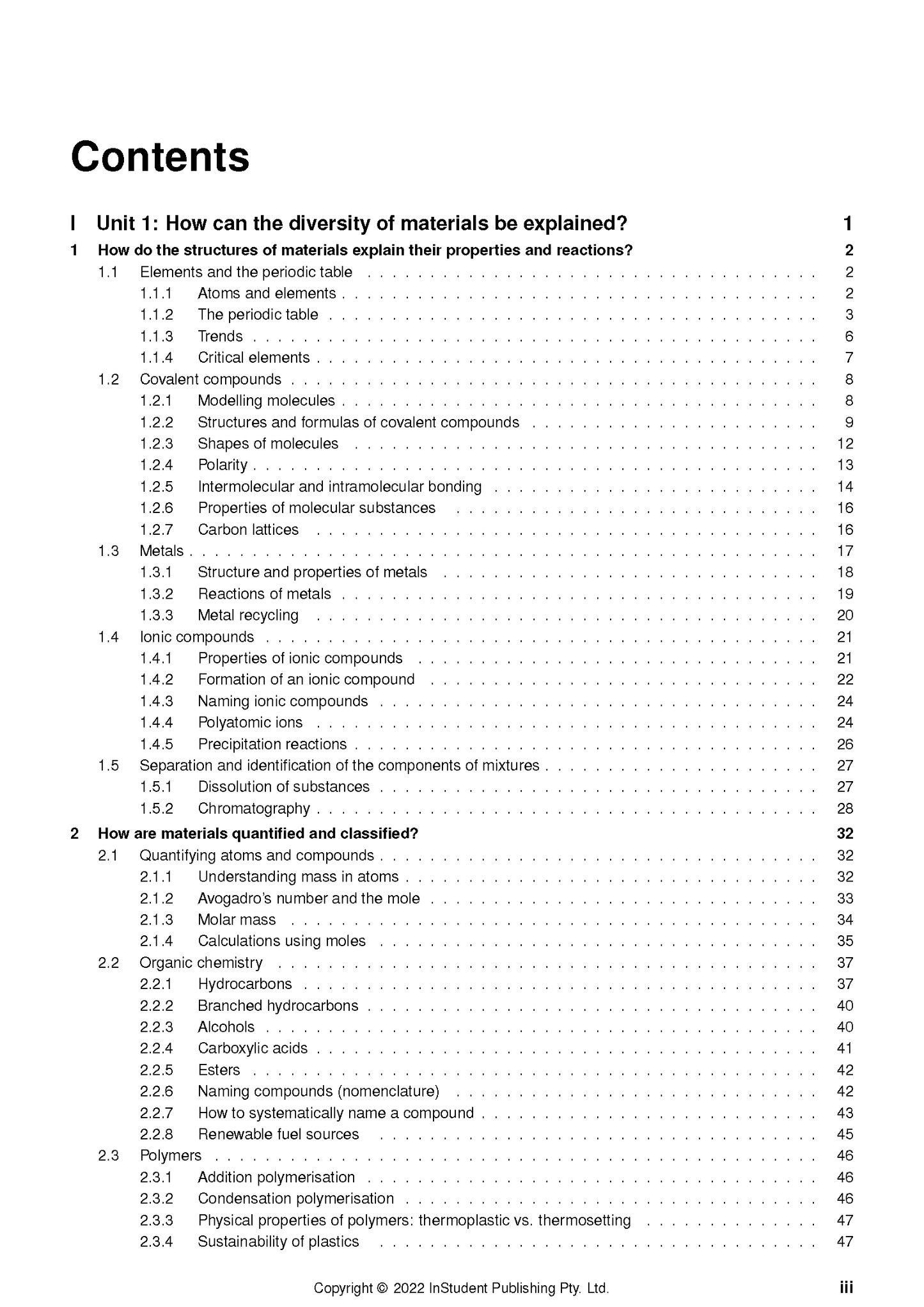 Chemistry Course Notes by ATAR Notes, displaying the detailed contents page with unit and topic headings.