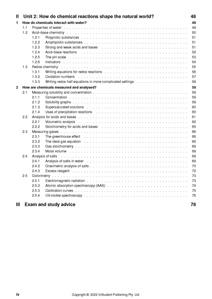 VCE Chemistry 1&2 Complete Course Notes by ATAR Notes, displaying a table of contents page detailing units and subtopics.