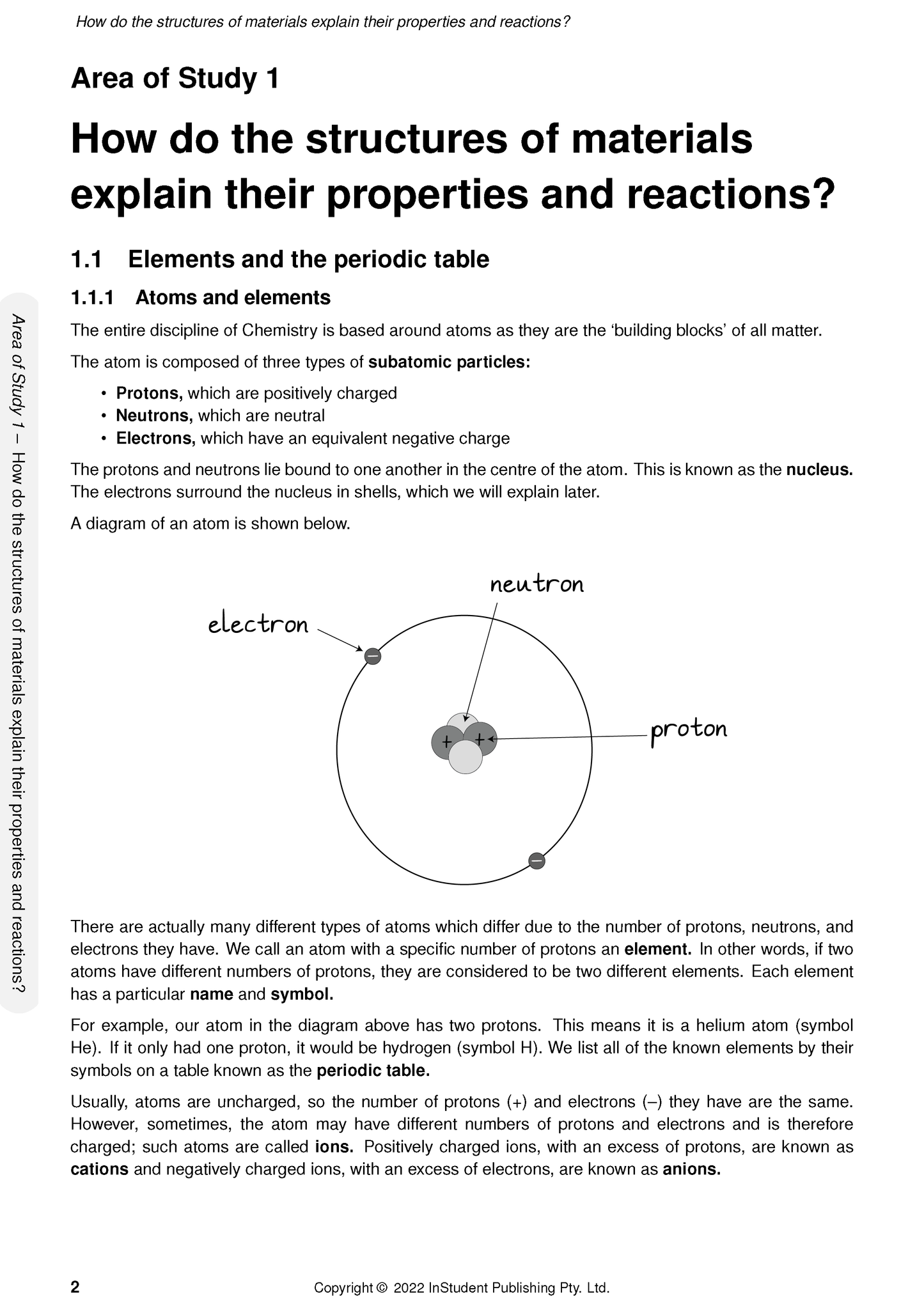 Complete VCE Chemistry 1&2 Course Notes (2024-2026) by ATAR Notes, displaying a page explaining atomic structure with a diagram of an atom.