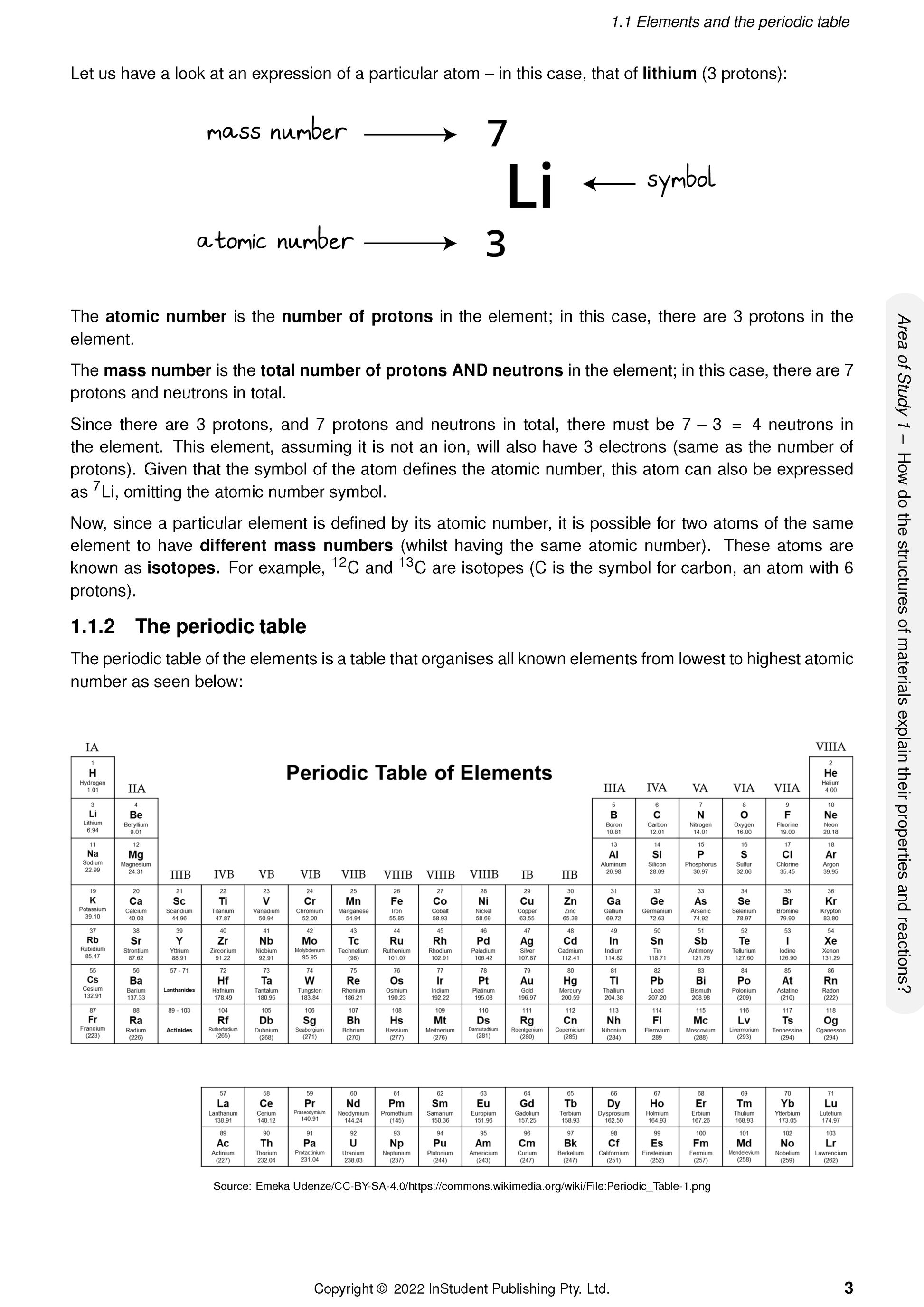 VCE Chemistry 1&2 Complete Course Notes by ATAR Notes, showing text on atomic structure, a lithium atom diagram, and a full periodic table.