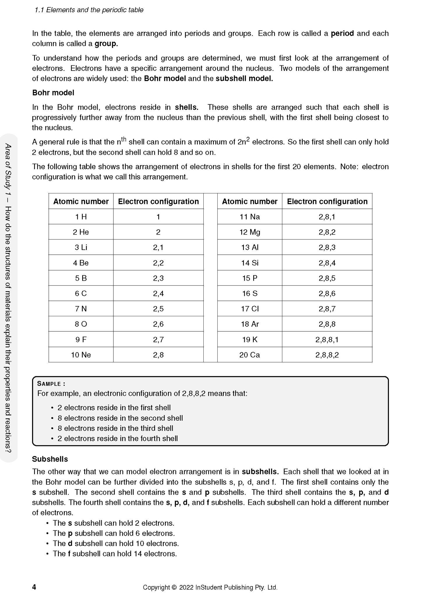VCE Chemistry 1&2 course notes page by ATAR Notes, showing elements, periodic table, and electron configuration table details.