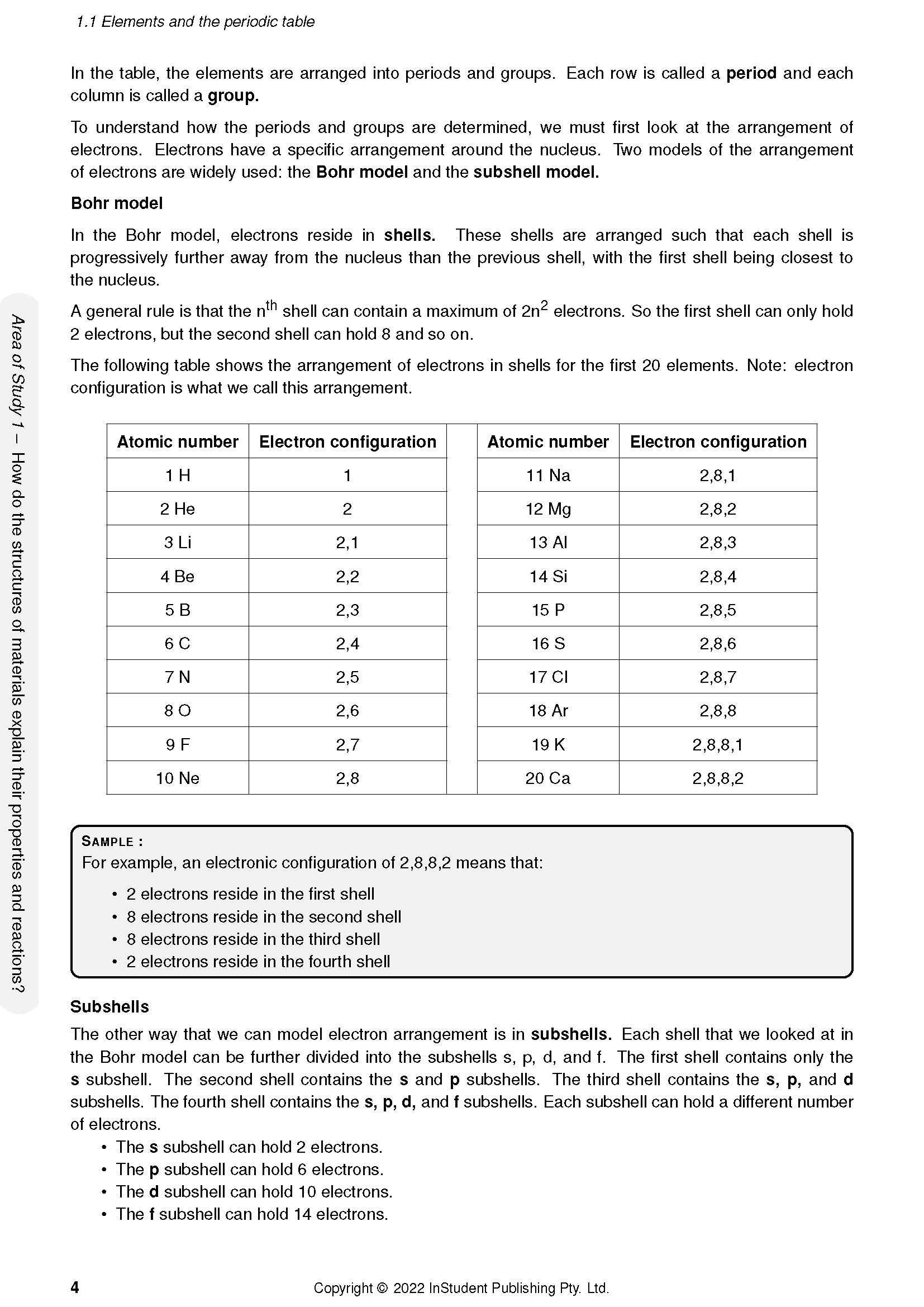 VCE Chemistry 1&2 course notes page by ATAR Notes, showing elements, periodic table, and electron configuration table details.