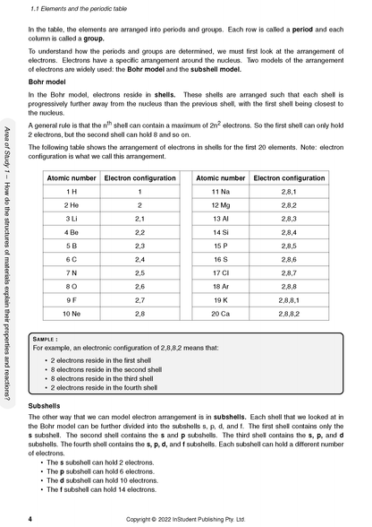 VCE Chemistry 1&2 course notes page by ATAR Notes, showing elements, periodic table, and electron configuration table details.