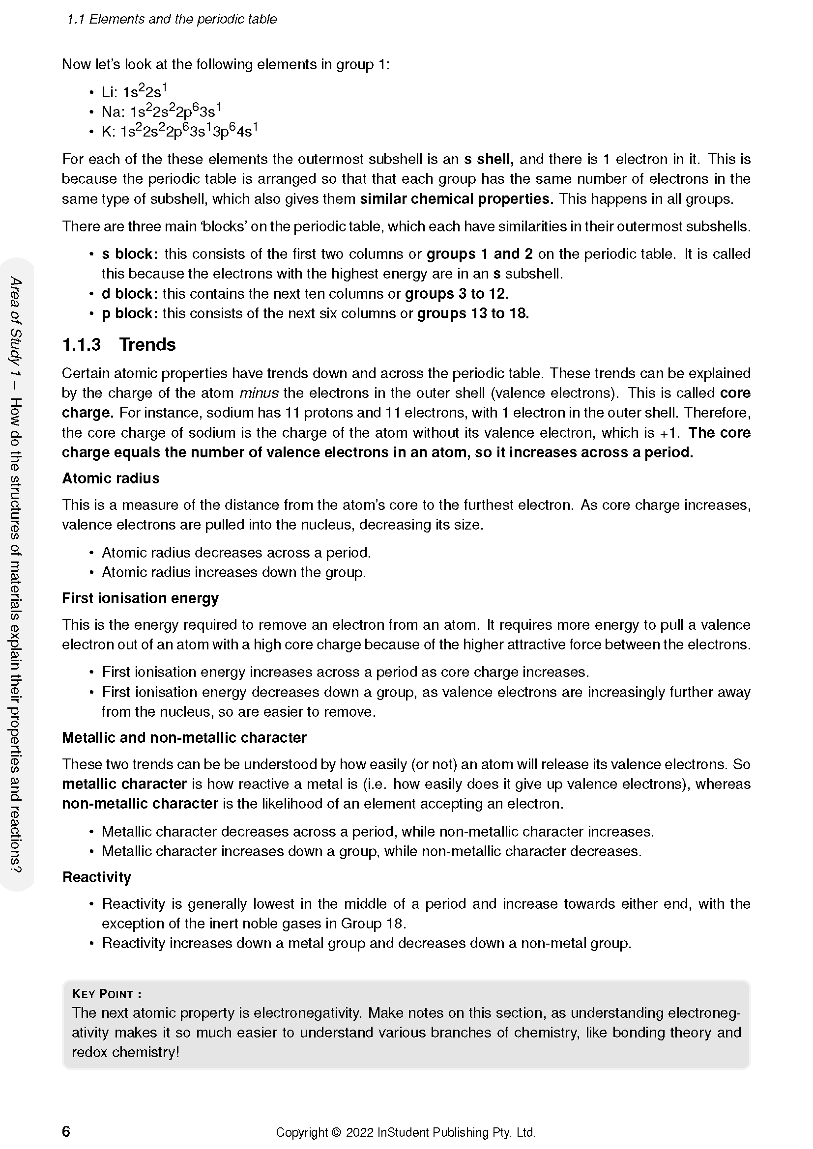A page from Chemistry Course Notes by ATAR Notes, displaying content on the periodic table and atomic trends with a 'Key Point' box.