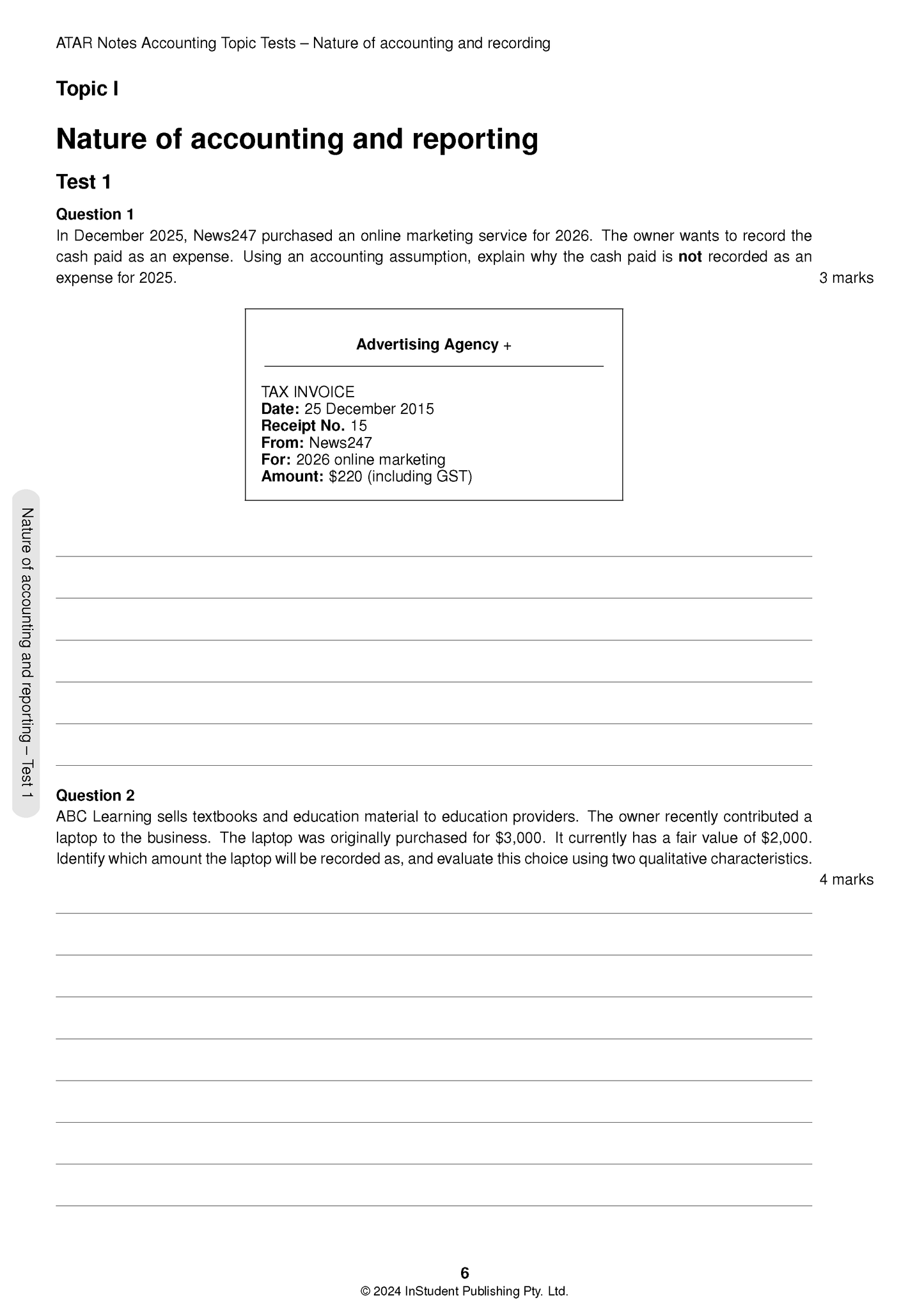 White Accounting Topic Test from ATAR Notes displaying questions and a tax invoice.