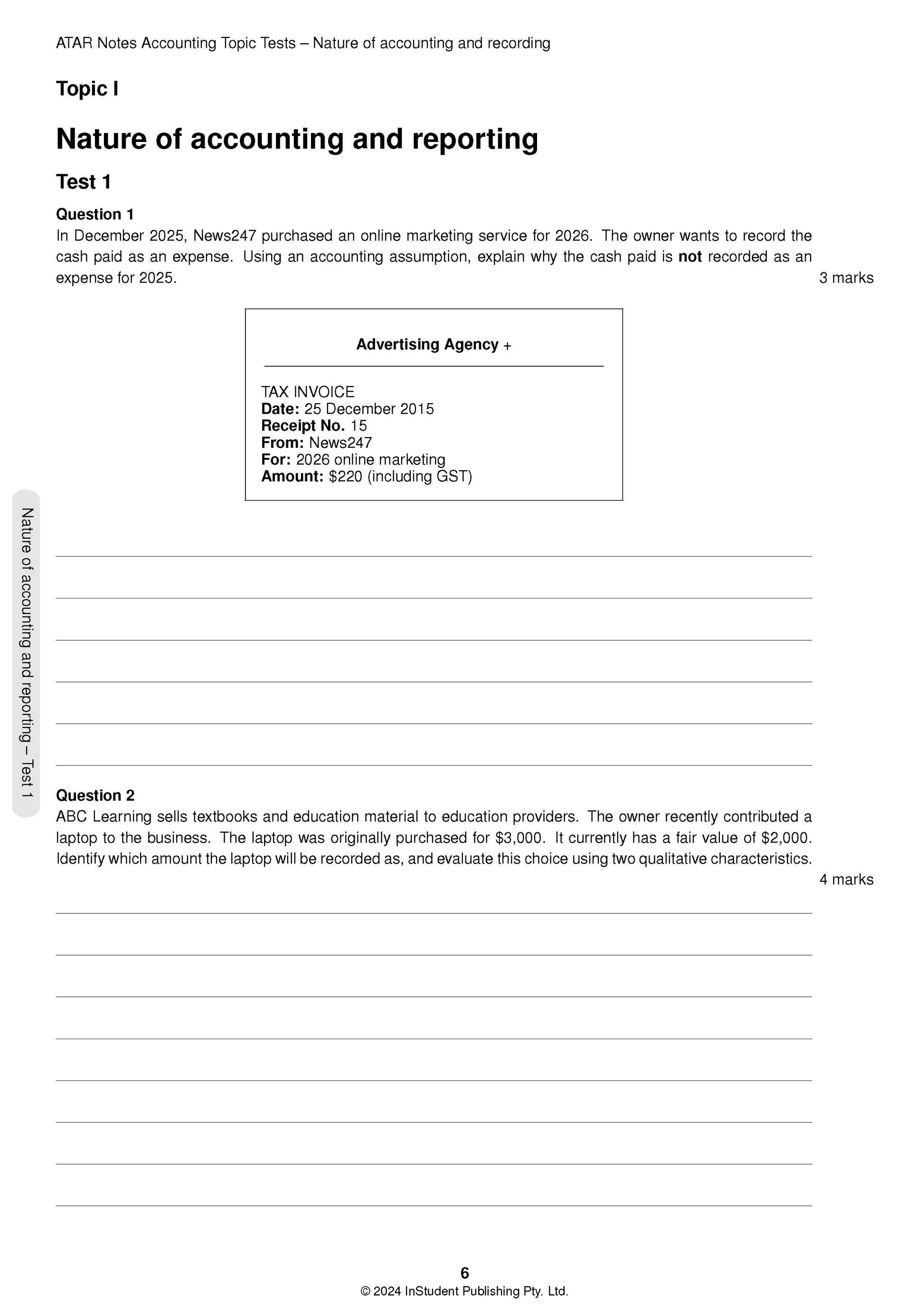 White Accounting Topic Test from ATAR Notes displaying questions and a tax invoice.