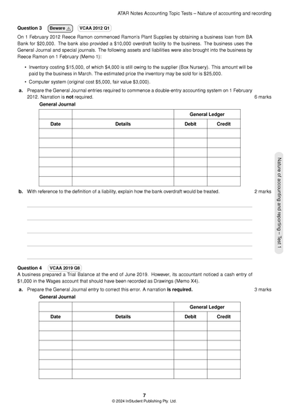 Topic Tests by ATAR Notes, a white page from an accounting test showing questions, general journal, and general ledger tables.