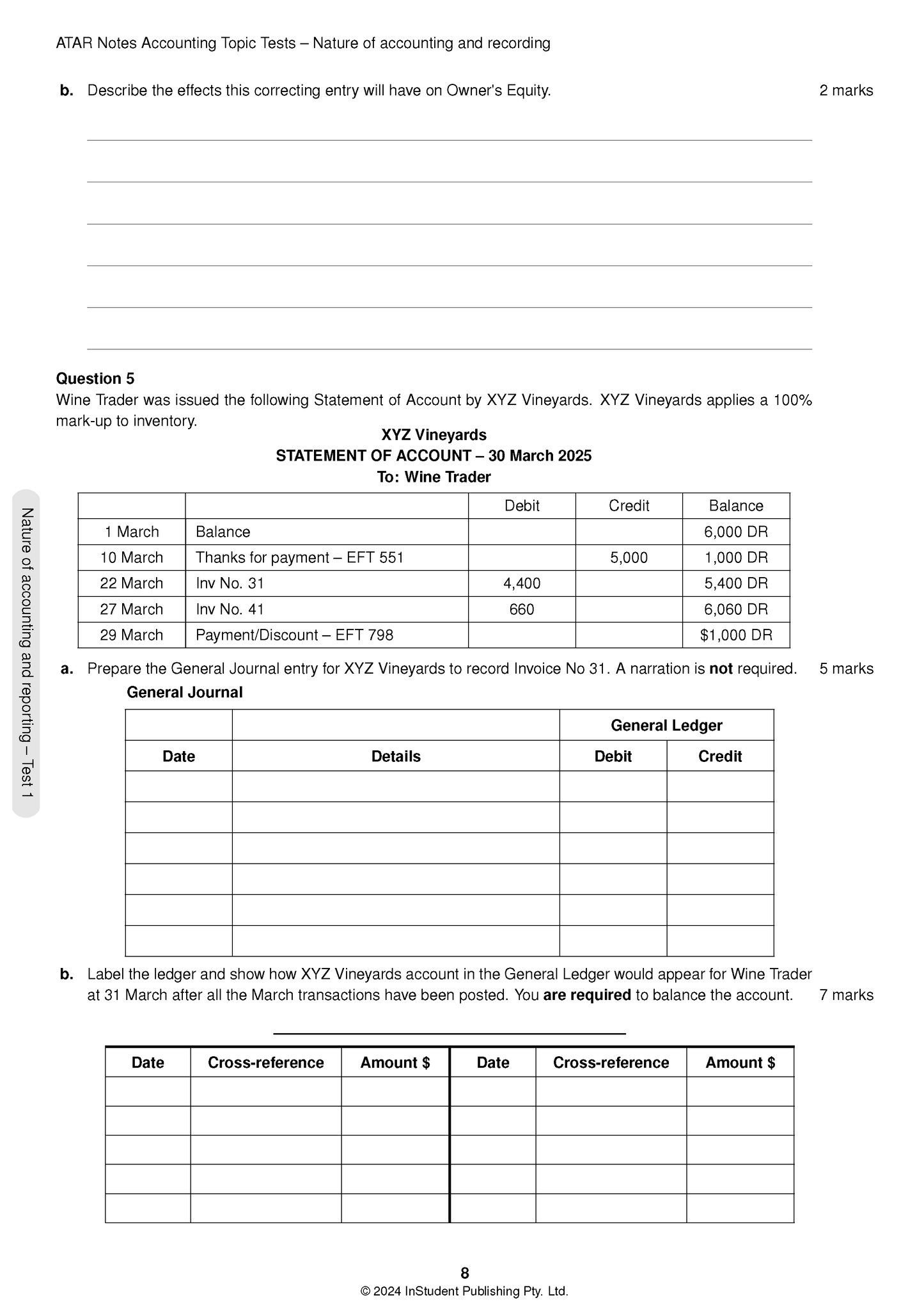 Accounting topic tests by ATAR Notes, showing questions, a statement of account, and ledger templates on a white page.