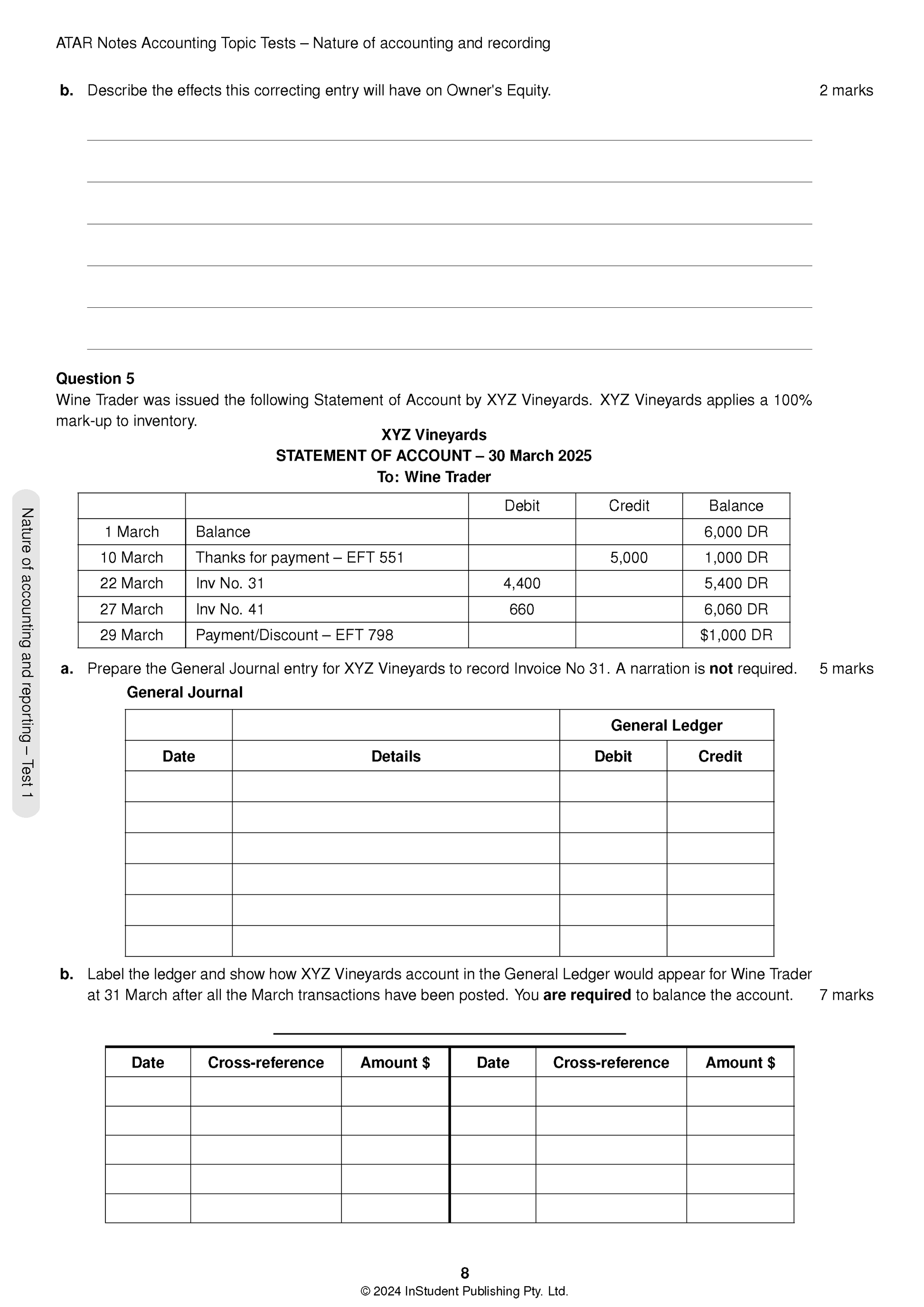 Accounting topic tests by ATAR Notes, showing questions, a statement of account, and ledger templates on a white page.