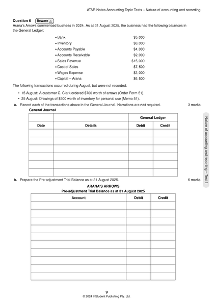 VCE Accounting 3&4 Topic Tests by ATAR Notes, displaying a test page with journal and trial balance tables.