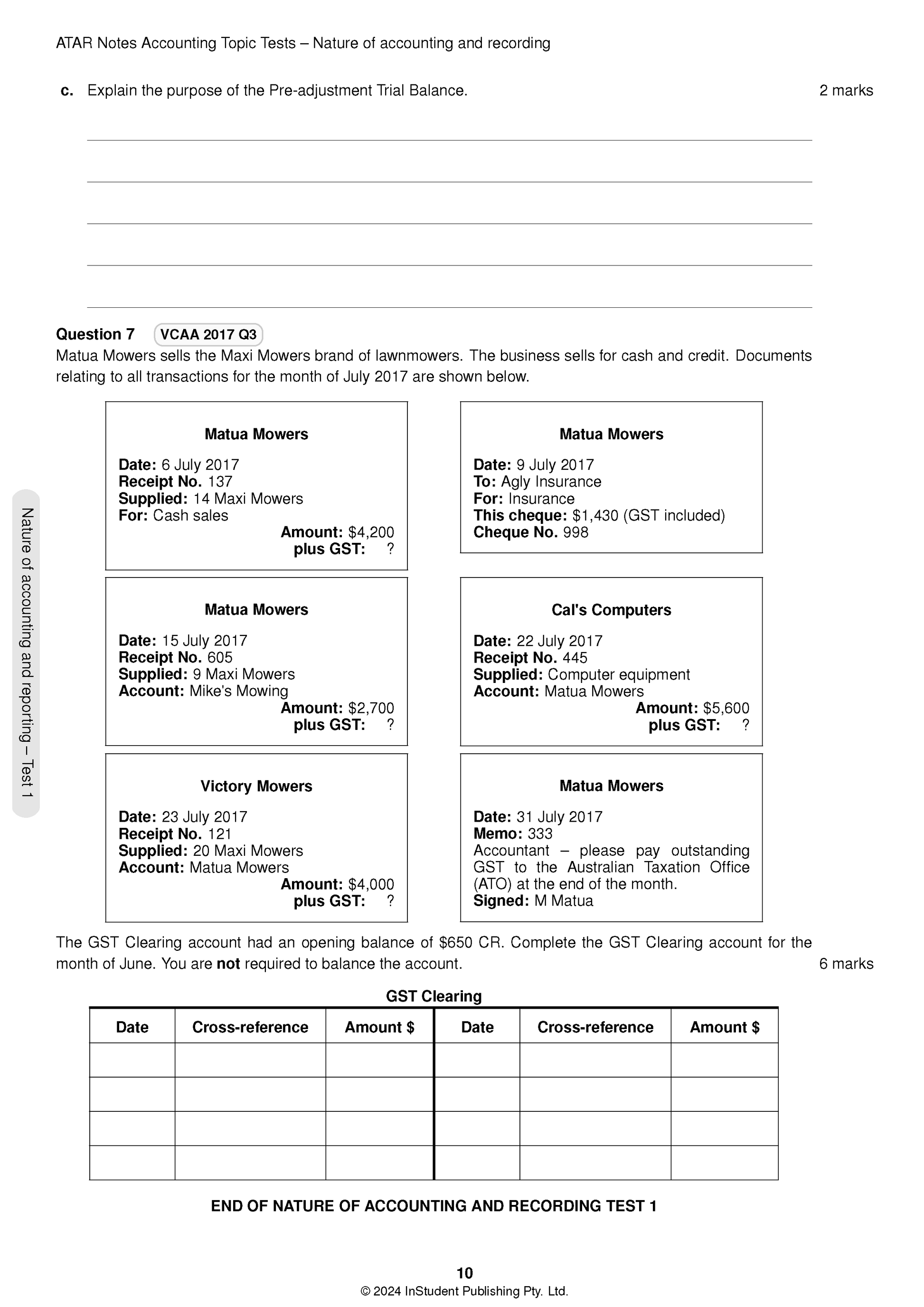 VCE Accounting Topic Tests by ATAR Notes, featuring a page with accounting questions and a GST Clearing account table.