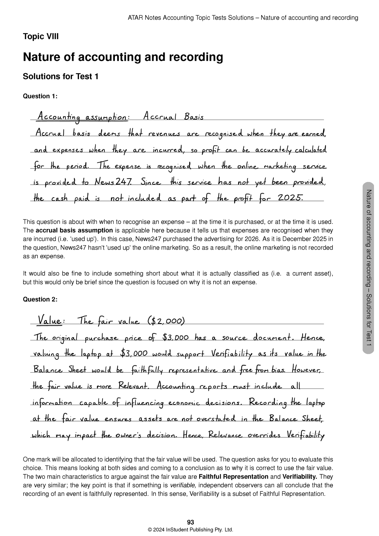 VCE Accounting 3&4 Topic Tests for 2025-2027 by ATAR Notes, showing a page of handwritten and printed solutions.