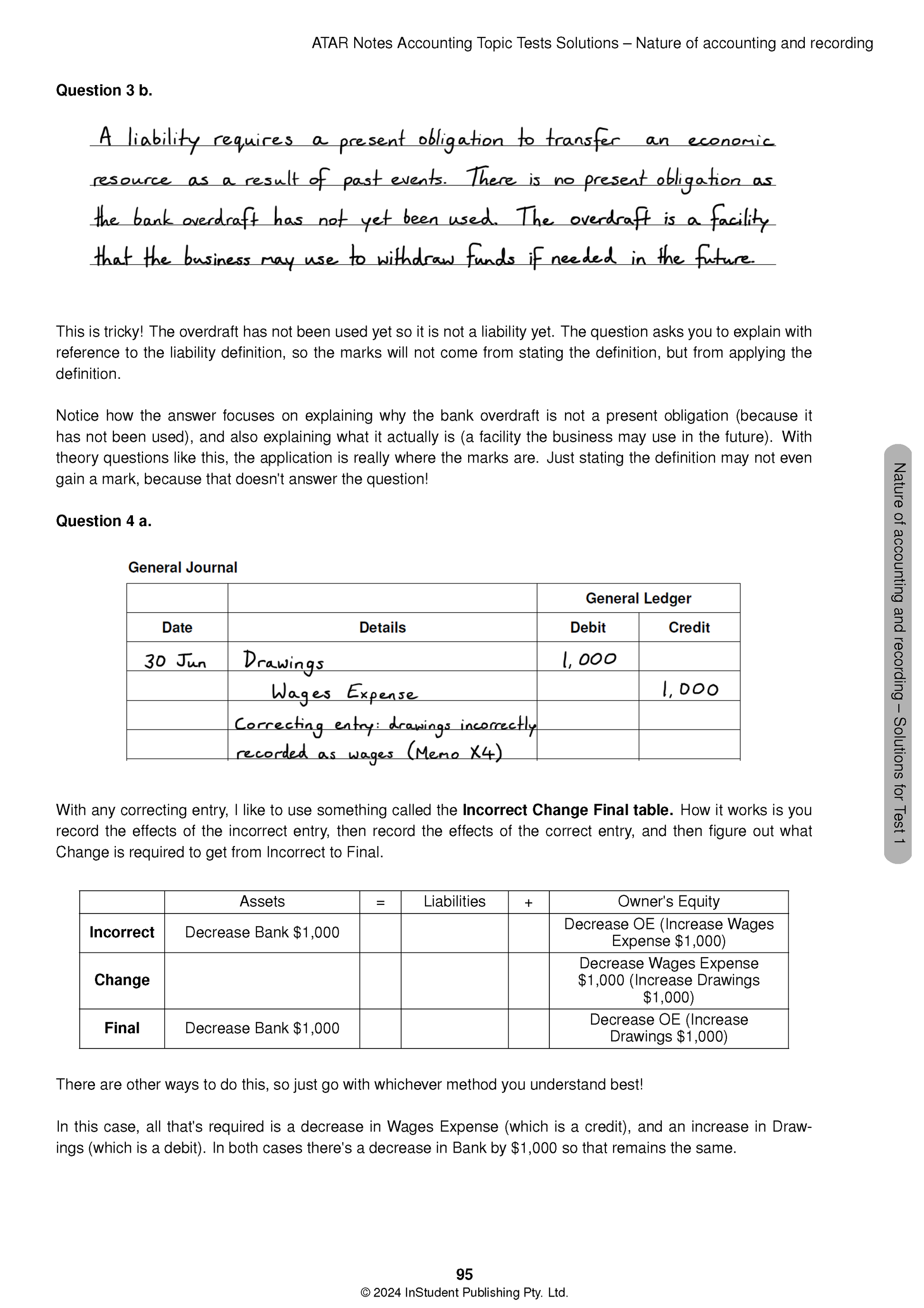 Topic Tests VCE Accounting 3&4 for 2025-2027 by ATAR Notes, showing a solution page with handwritten answers and financial tables.