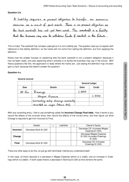 Topic Tests VCE Accounting 3&4 for 2025-2027 by ATAR Notes, showing a solution page with handwritten answers and financial tables.