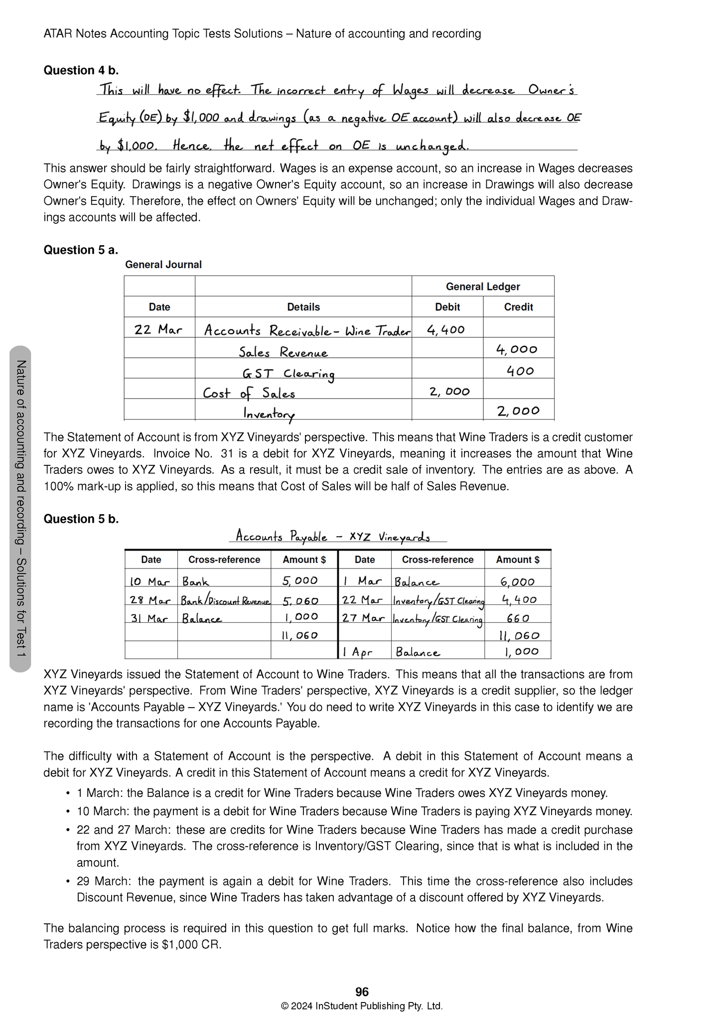 Accounting Topic Tests solutions page by ATAR Notes, featuring typed questions, handwritten answers, and accounting ledger tables.