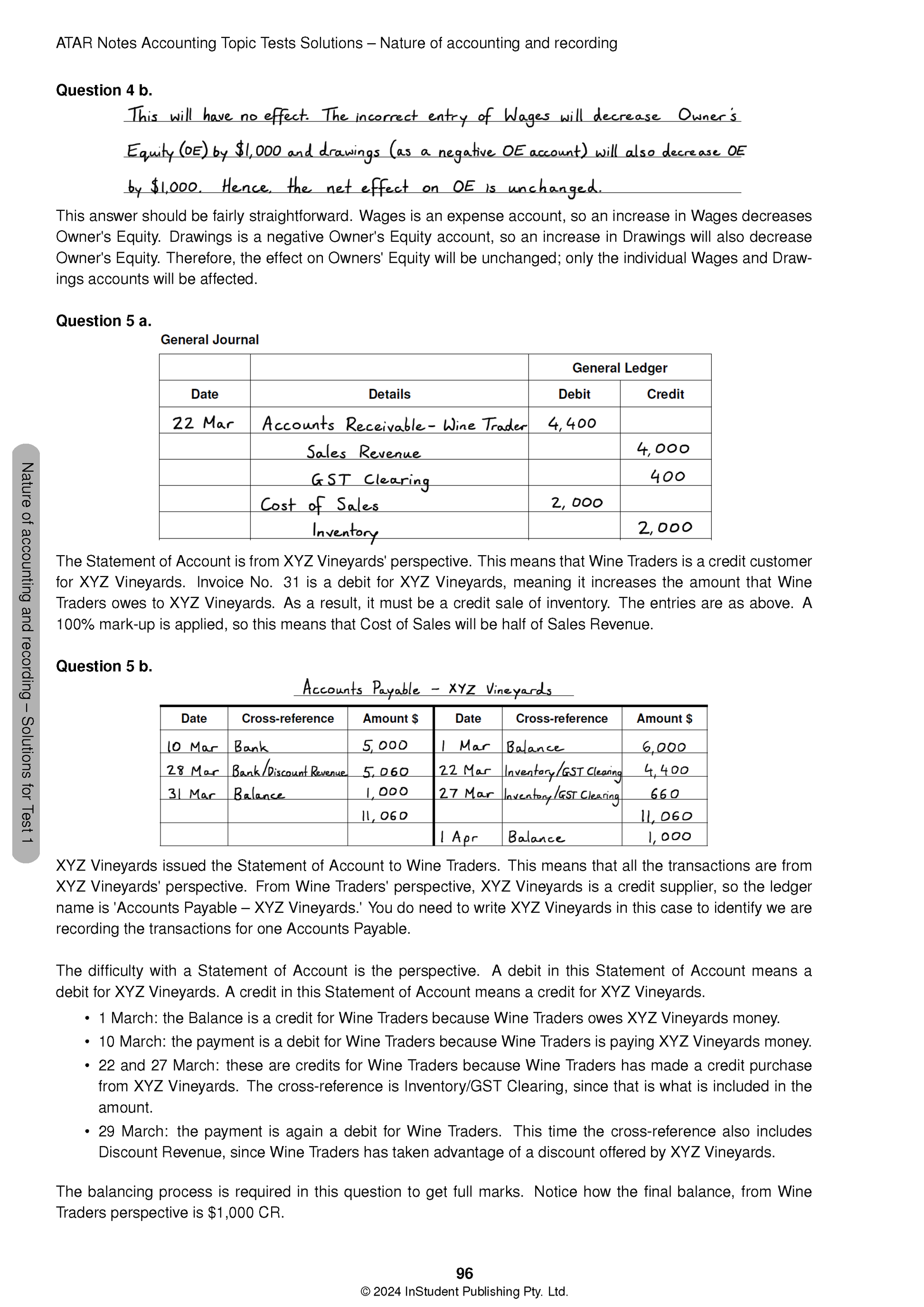Accounting Topic Tests solutions page by ATAR Notes, featuring typed questions, handwritten answers, and accounting ledger tables.