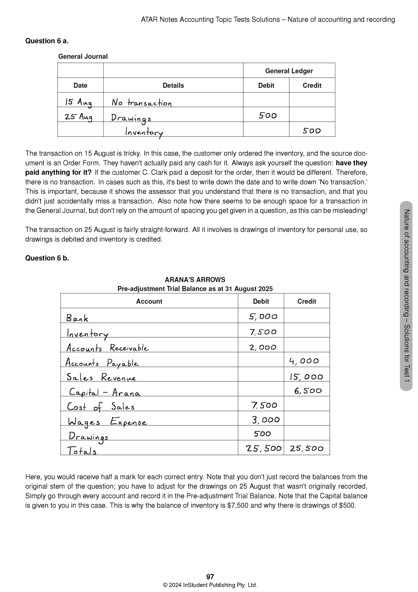 VCE Accounting Topic Tests solutions for 2025-2027 by ATAR Notes, featuring handwritten general journal and trial balance entries.