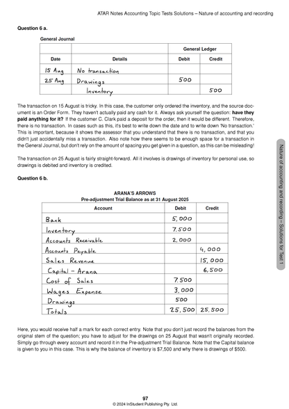 VCE Accounting Topic Tests solutions for 2025-2027 by ATAR Notes, featuring handwritten general journal and trial balance entries.