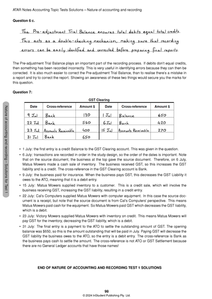 VCE Accounting 3&4 Topic Tests (2025-2027) by ATAR Notes, showing solutions with handwritten text and a GST Clearing ledger table.