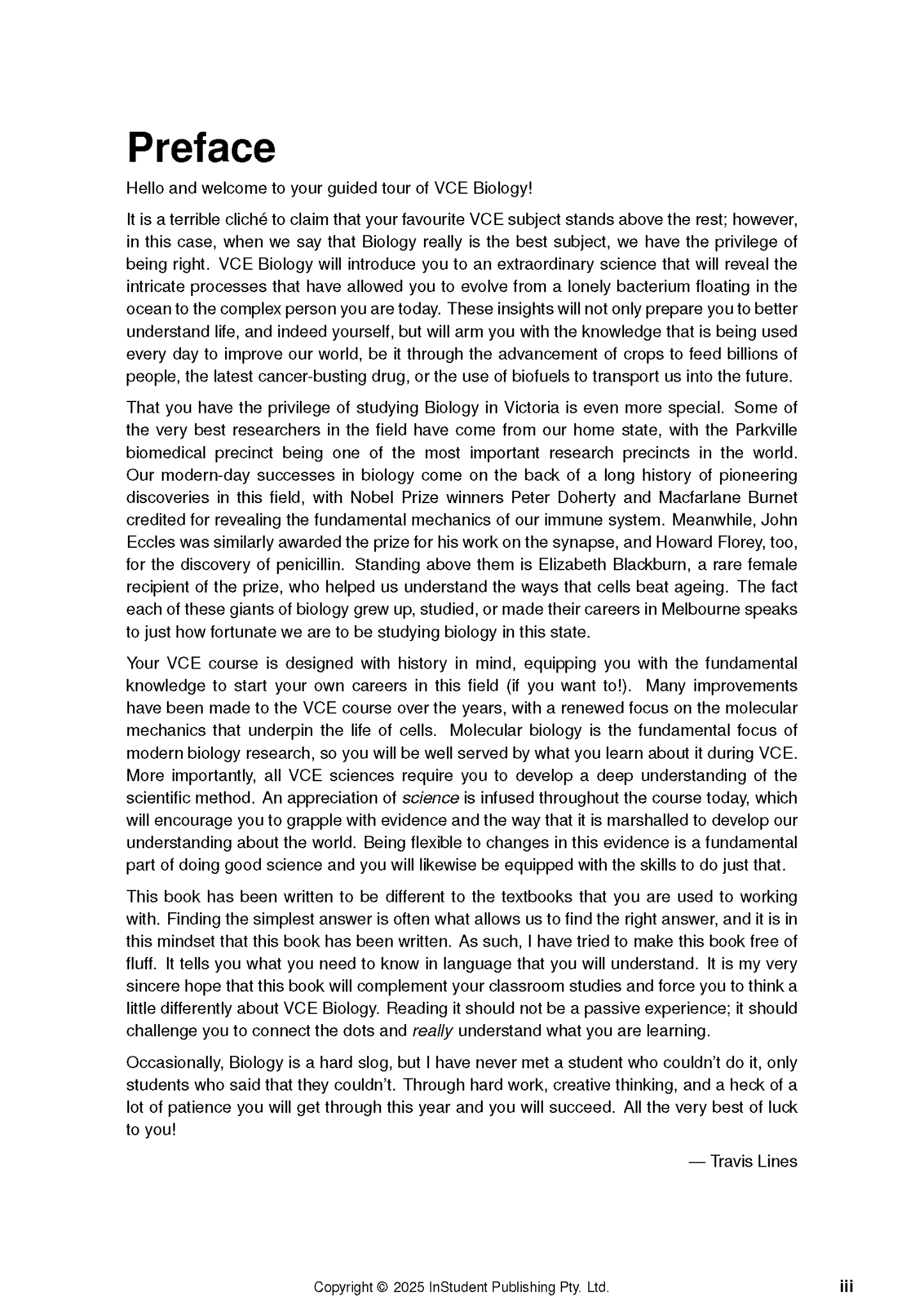 VCE Biology 3&4 Complete Course Notes by ATAR Notes, showing the 'Preface' page with black text on a white background.