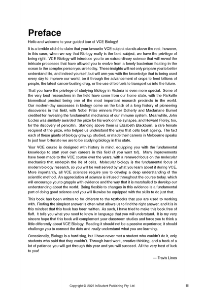 VCE Biology 3&4 Complete Course Notes by ATAR Notes, showing the 'Preface' page with black text on a white background.