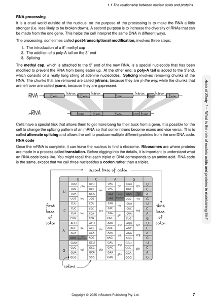VCE Biology 3&4 Complete Course Notes by ATAR Notes, displaying a page about RNA processing and a genetic code table.