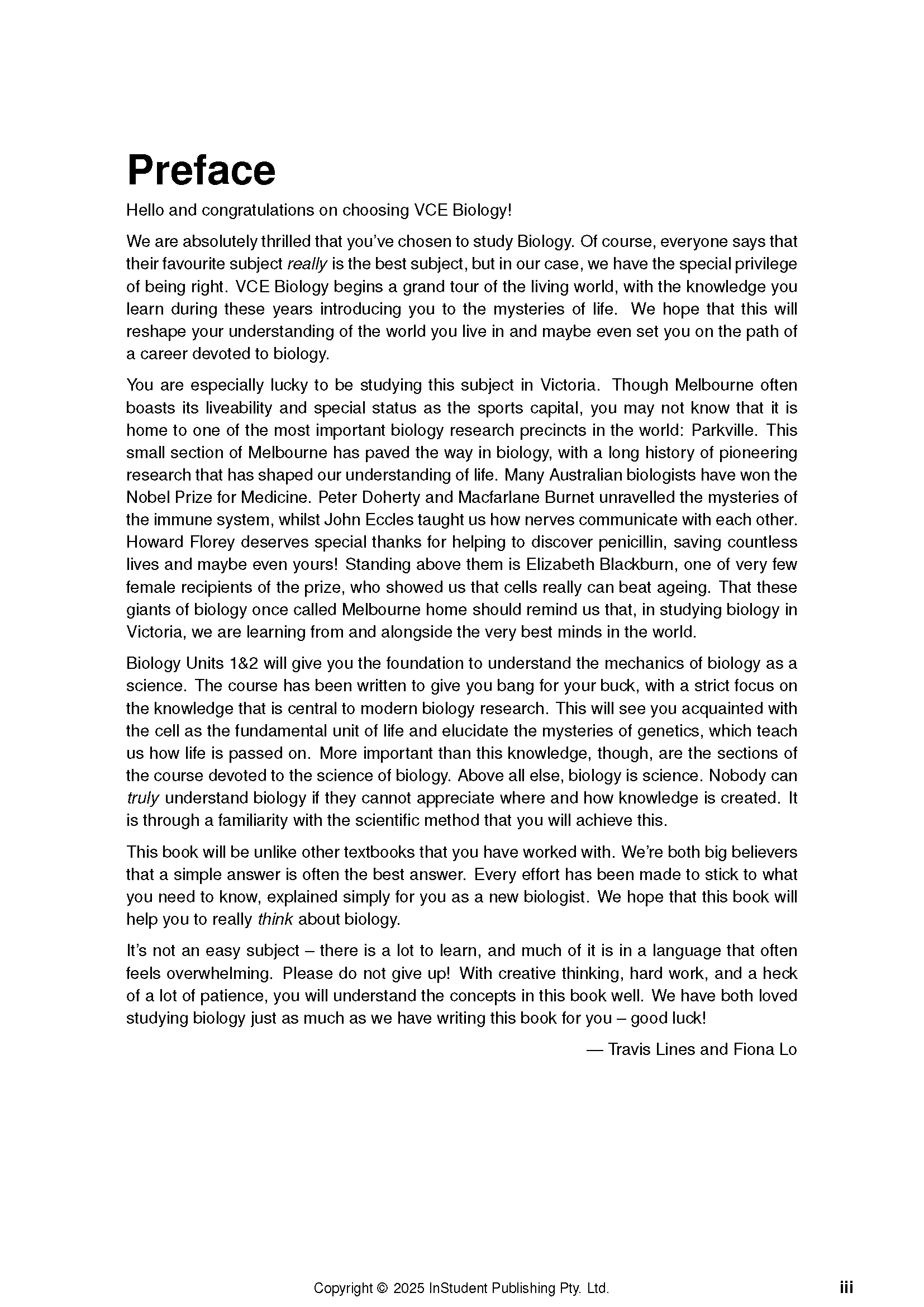 VCE Biology Course Notes by ATAR Notes, showing a white page with black text from the "Preface" section.
