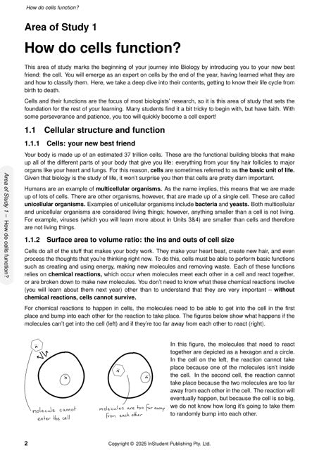 Biology Course Notes by ATAR Notes, showing a page titled "How do cells function?" with text and diagrams.