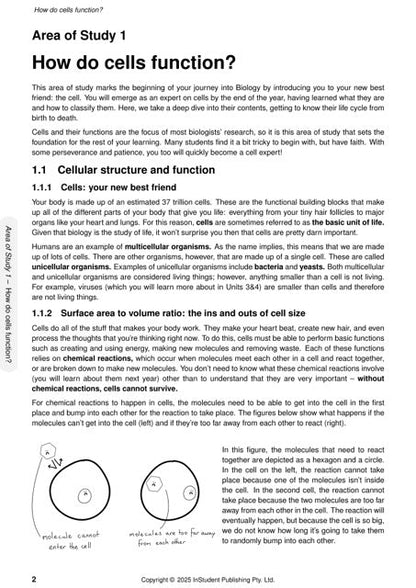 Biology Course Notes by ATAR Notes, showing a page titled "How do cells function?" with text and diagrams.