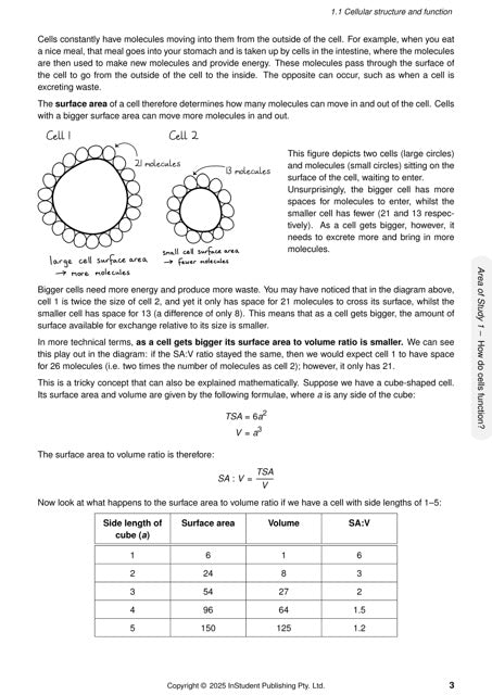 Biology course notes by ATAR Notes, displaying a page with text, diagrams, and a table on cellular structure and surface area to volume ratio.