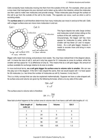 Biology course notes by ATAR Notes, displaying a page with text, diagrams, and a table on cellular structure and surface area to volume ratio.