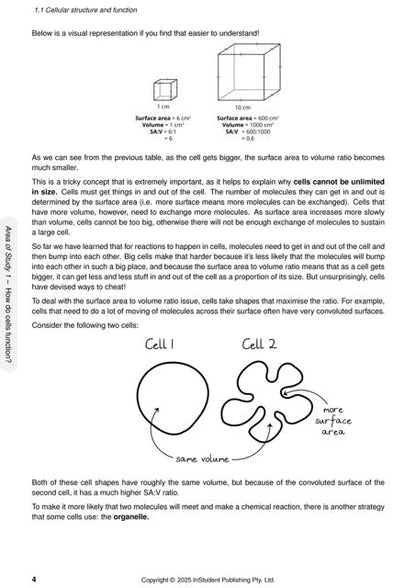 Biology Course Notes by ATAR Notes, open to a page detailing cellular structure with diagrams of cubes and cells demonstrating surface area to volume ratio.