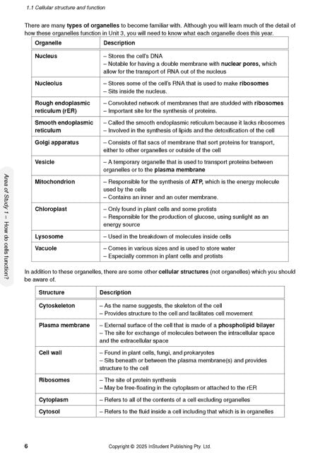 Course Notes by ATAR Notes showing a page detailing cellular structure and function with two tables of organelles and their descriptions.