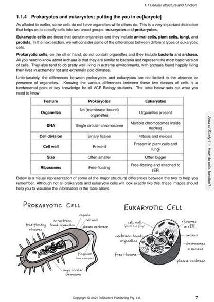 Biology Course Notes by ATAR Notes showing a page on prokaryotes and eukaryotes with a comparison table and cell diagrams.