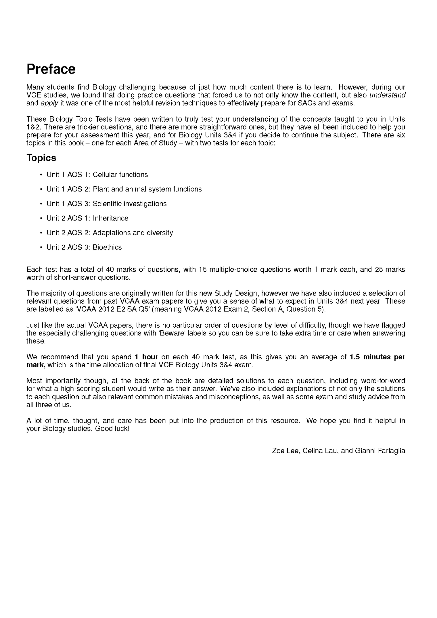VCE Biology 1&2 Topic Tests by ATAR Notes, showing the Preface and Topics sections in black text on white paper.