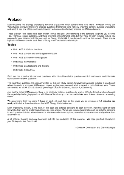 VCE Biology 1&2 Topic Tests by ATAR Notes, showing the Preface and Topics sections in black text on white paper.