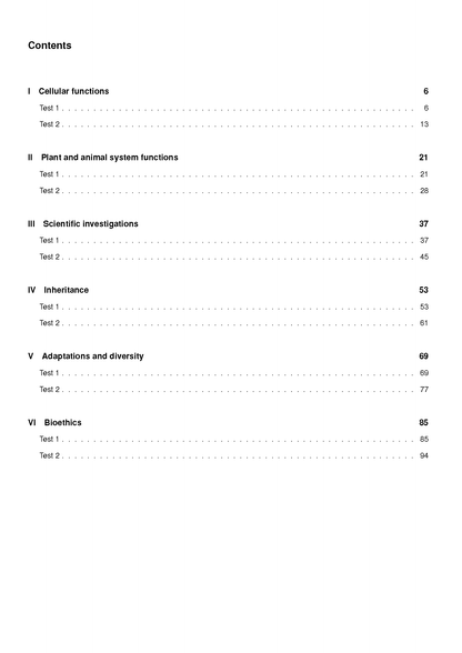 VCE Biology 1&2 Topic Tests (2025-2026) by ATAR Notes, showing a table of contents with sections like Cellular Functions and Inheritance.