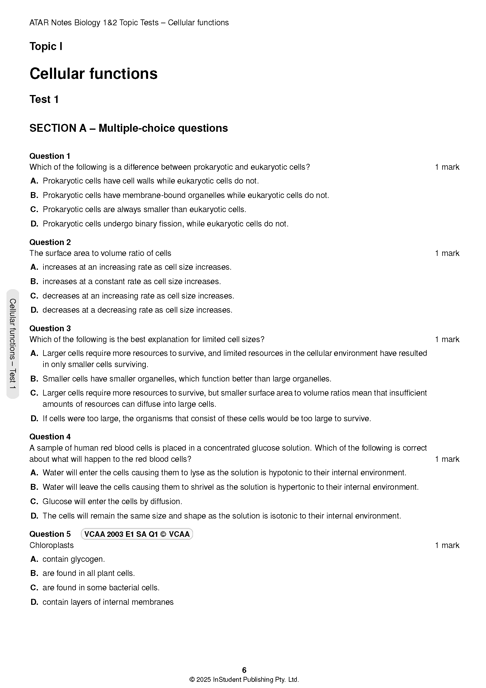 Biology topic test by ATAR Notes, a white page with multiple-choice questions on cellular functions.