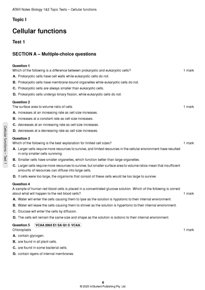 Biology topic test by ATAR Notes, a white page with multiple-choice questions on cellular functions.