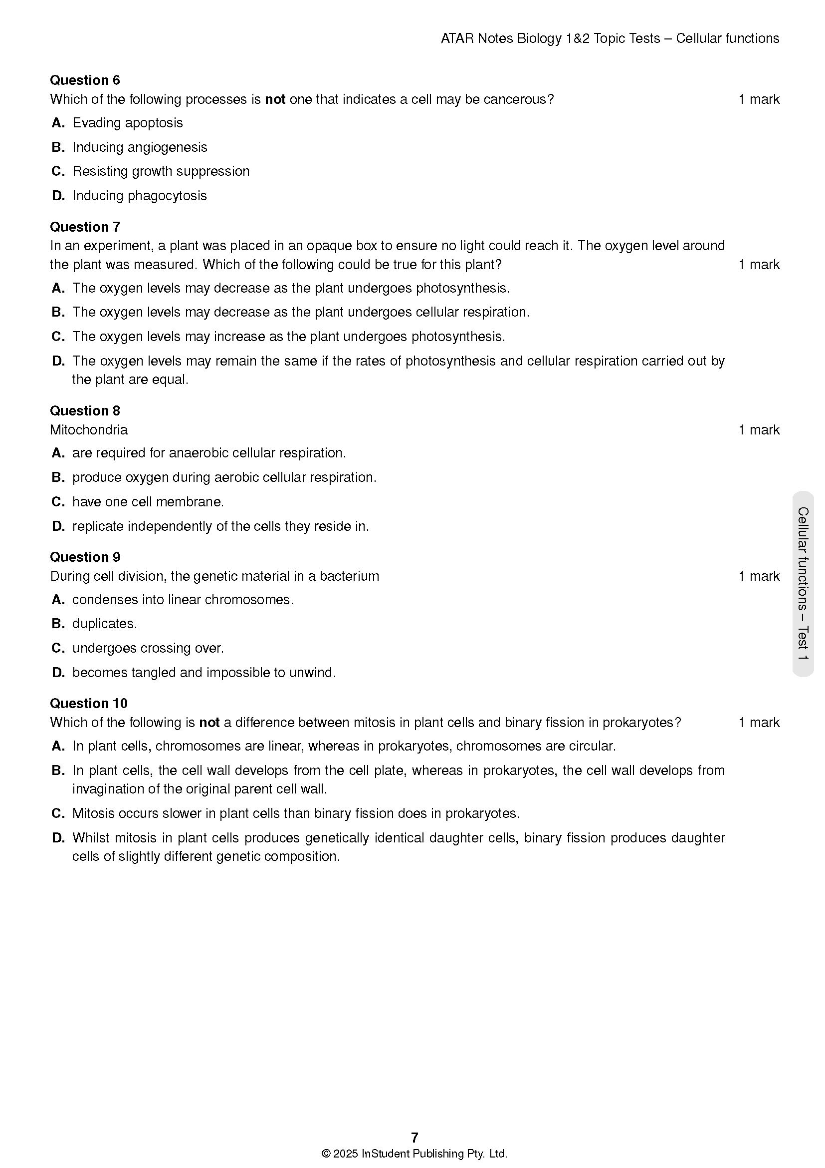 Biology topic test page by ATAR Notes with multiple-choice questions on cellular functions.