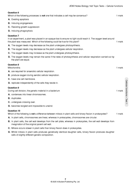 Biology topic test page by ATAR Notes with multiple-choice questions on cellular functions.
